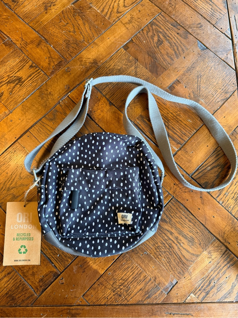 Orion London Black and White Polka Dot Crossbody Bag with Gray Strap